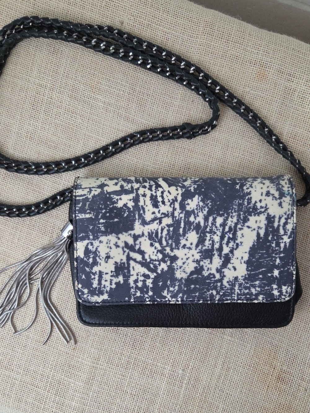 Aimee Kestenberg Black and Cream Patterned Leather Crossbody Bag w Silver Tassel